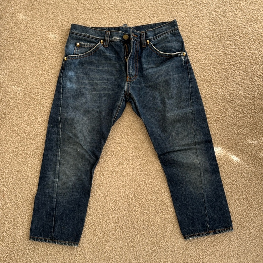 D squared crop wide leg jeans with gold skull detailing!